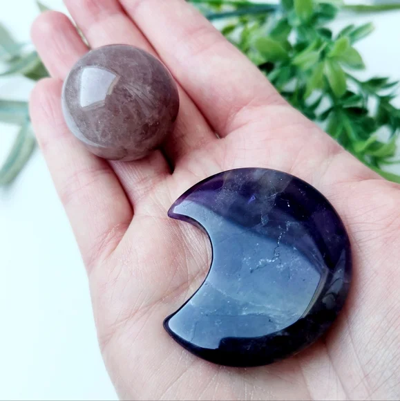 Purple crystal bundle - crescent moon & sphere with rainbow - gemstone - Picture 1 of 7